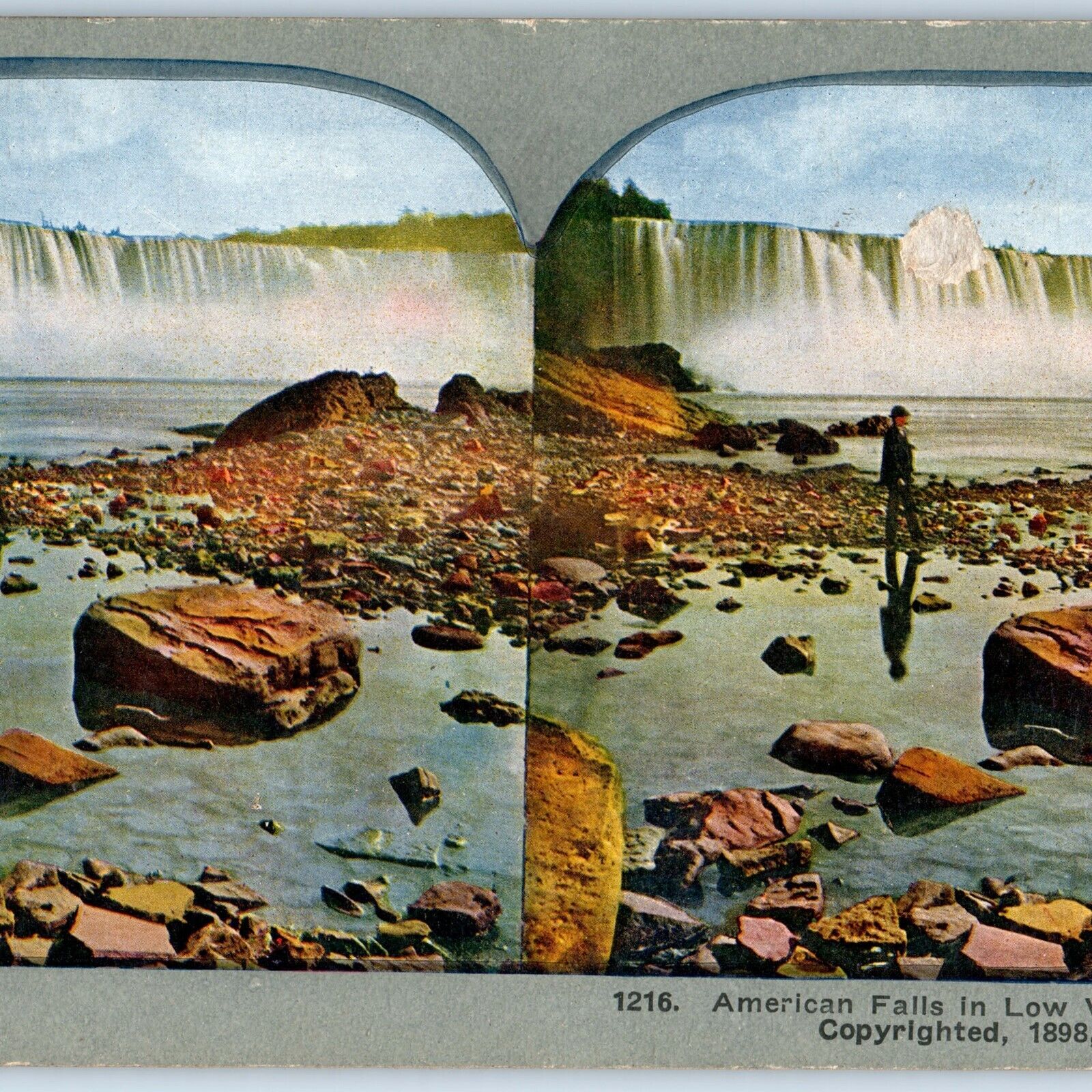 c1900s Niagara Falls Man Walks American Falls Litho Photo Stereo Card Low V8