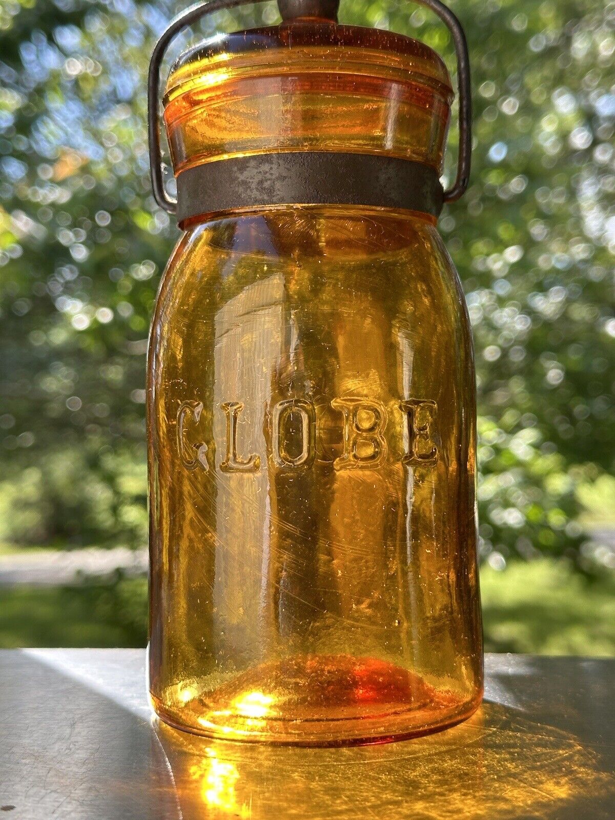 Antique Pre-1900 Fruit Jars Globe Fruit Jar Pint Amber Sharp