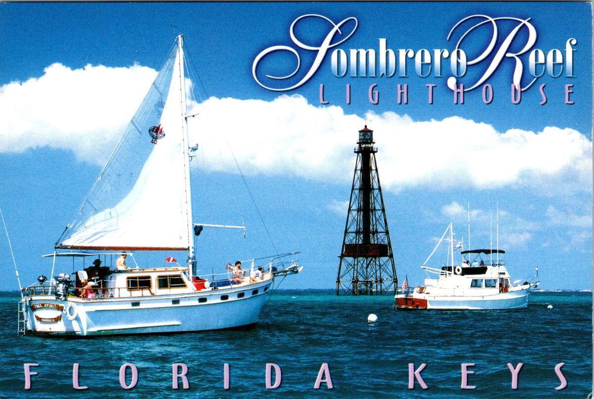 FL, Florida Keys SOMBRERO REEF LIGHT HOUSE Sailboats/Fishing Boats  4X6 Postcard