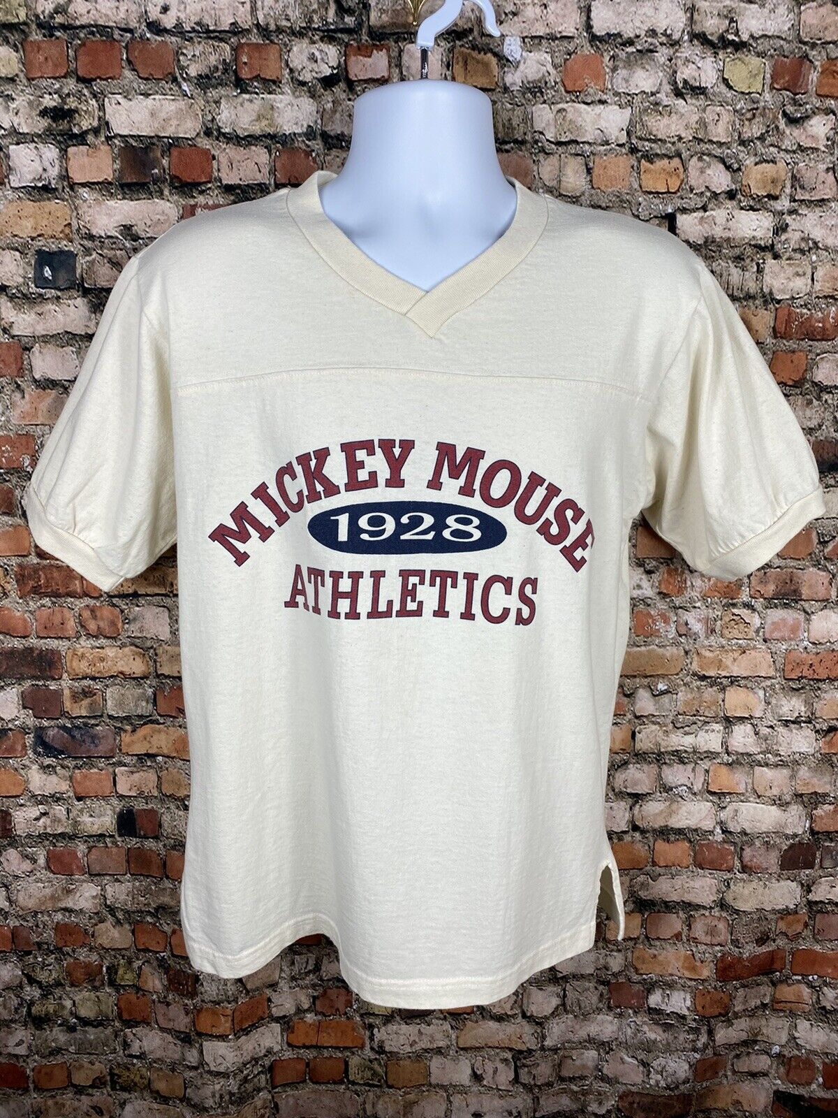 Vintage 90s Mickey Mouse Athletics 1928 Spellout V Neck Shirt Disney USA Medium 
