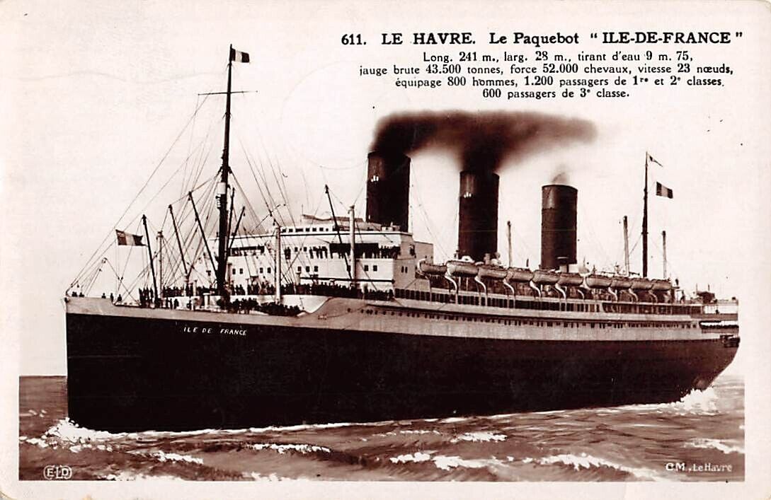SS ILE-DE-FRANCE AT SEA ~ C. G. T. SHIP LINE, REAL PHOTO PC ~ France 1938 to NY