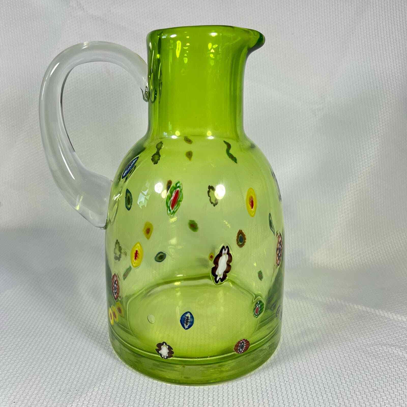 Vintage Millefiori Glass Pitcher Green 9.5” Murano Style