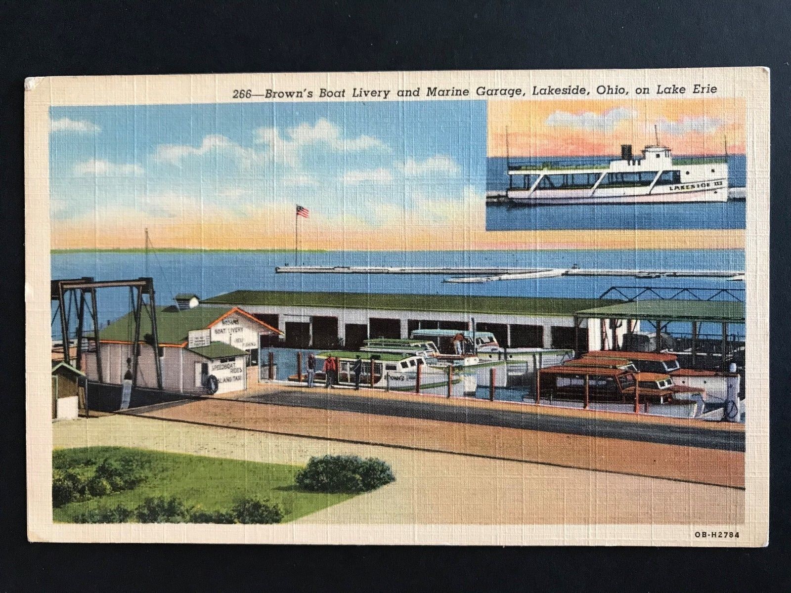 Linen Postcard Lakeside OH - Browns Boat Livery and Marine Garage on Lake Erie