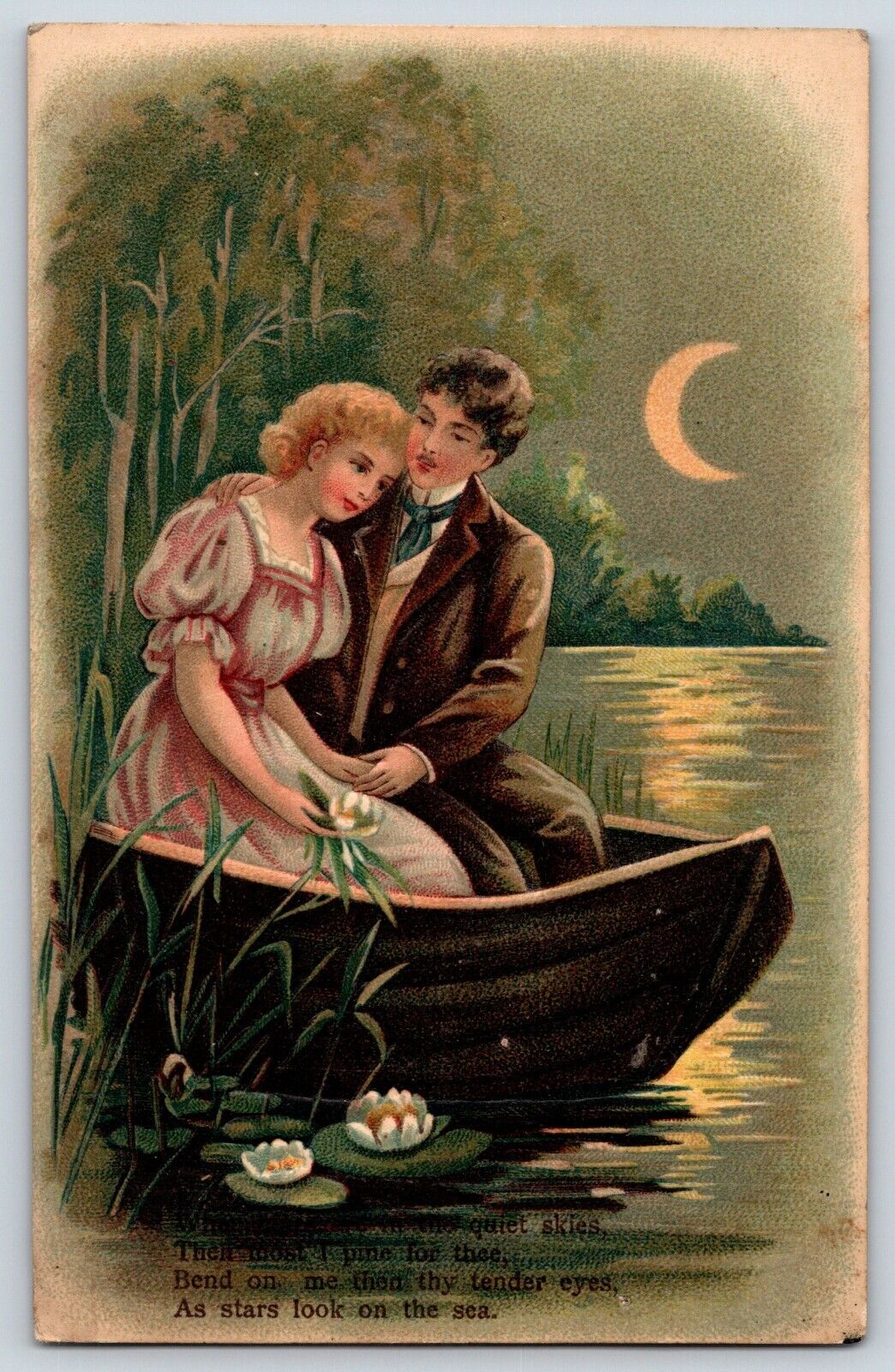 Vintage Embossed Romantic Lover\'s in Boat Moonlight Postcard Poem #2009