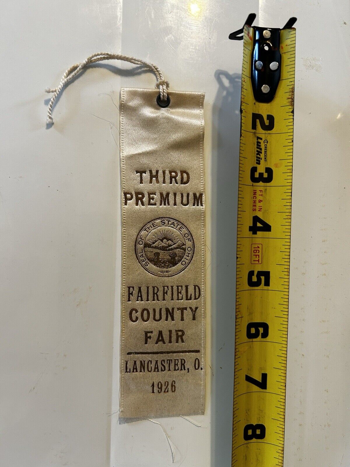 Antique 1926 Lancaster Ohio Fairfield County Fair Ribbon Prize Award3rd Premium