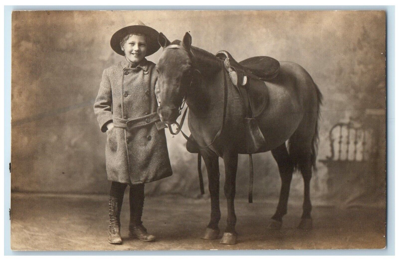 c1910's Boy And Pony Studio Portrait RPPC Photo Posted Antique Postcard