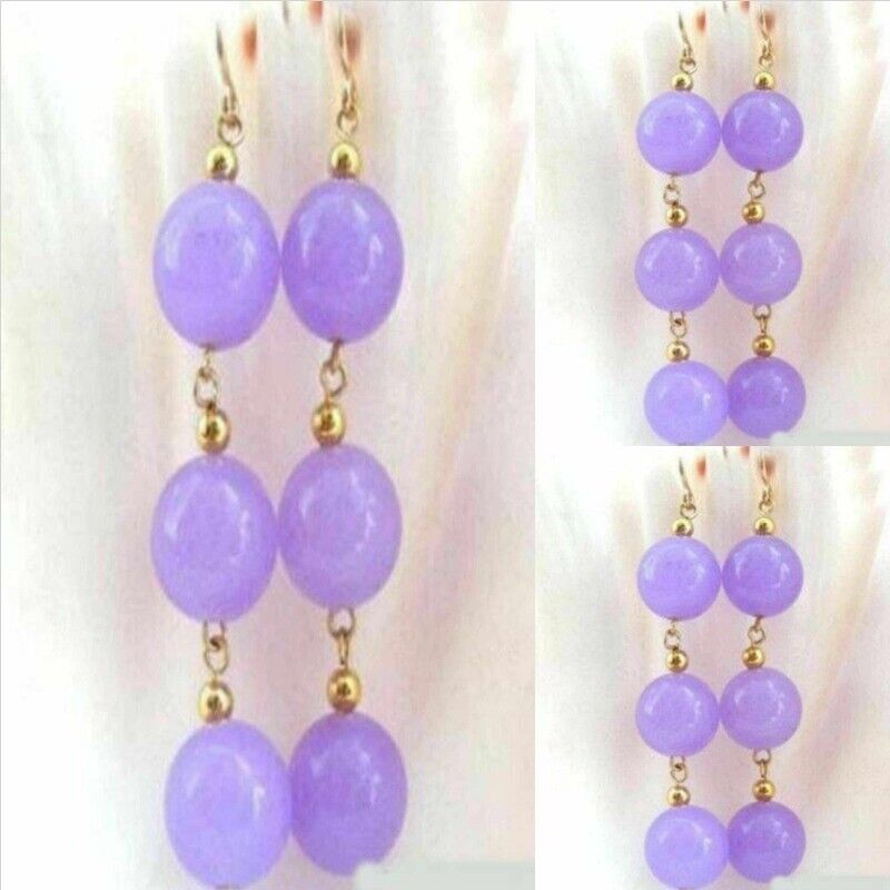 8mm Natural purple round jade beads 14K gold earrings Platinum Women Beaded Hoop