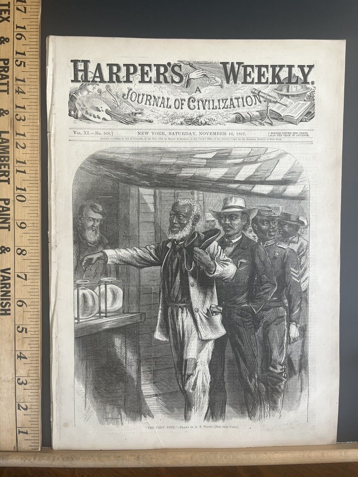 COMPLETE ORIGINAL 11/26/1867 ISSUE OF HARPERS WEEKLY MAGAZINE: “THE FIRST VOTE”
