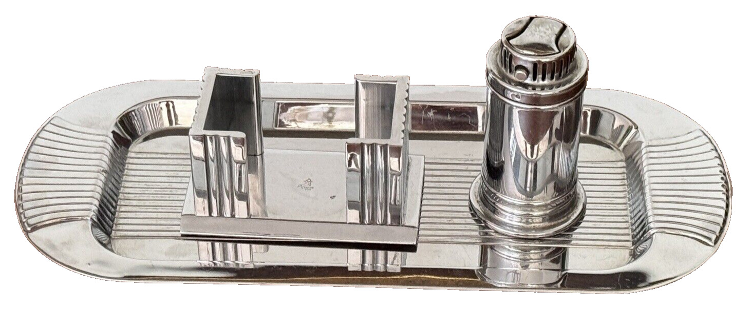 Chase Art Deco Machine Age Chrome Tray Box Holder Cigarette Lighter Vtg Set Rare