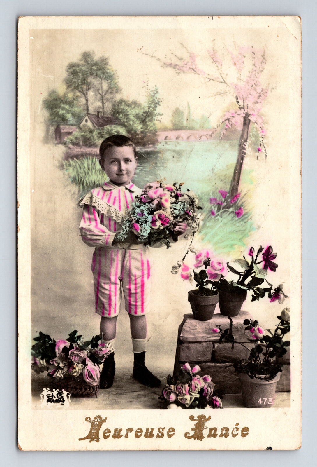 c1912 RPPC Young French Boy Bouquet Flowers Hand Colored JC Paris Postcard