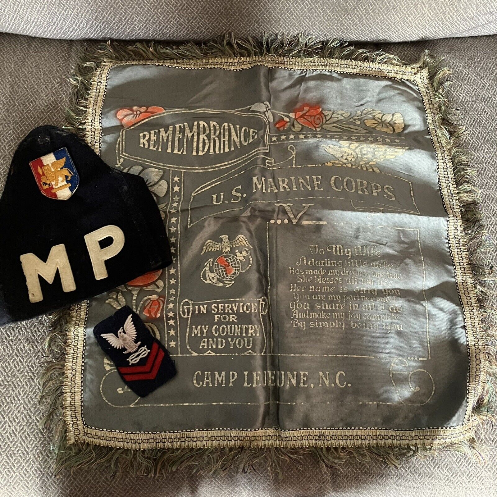 Military Memorabilia Lot, Patch, Badge, Pillow Case, Le Jeune, WW2
