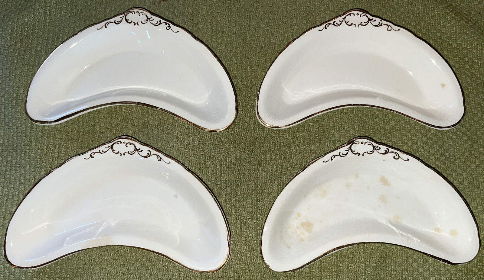 Antique K.T. & K Co 4pc crescent bone dishes semi vitreous porcelain gold design