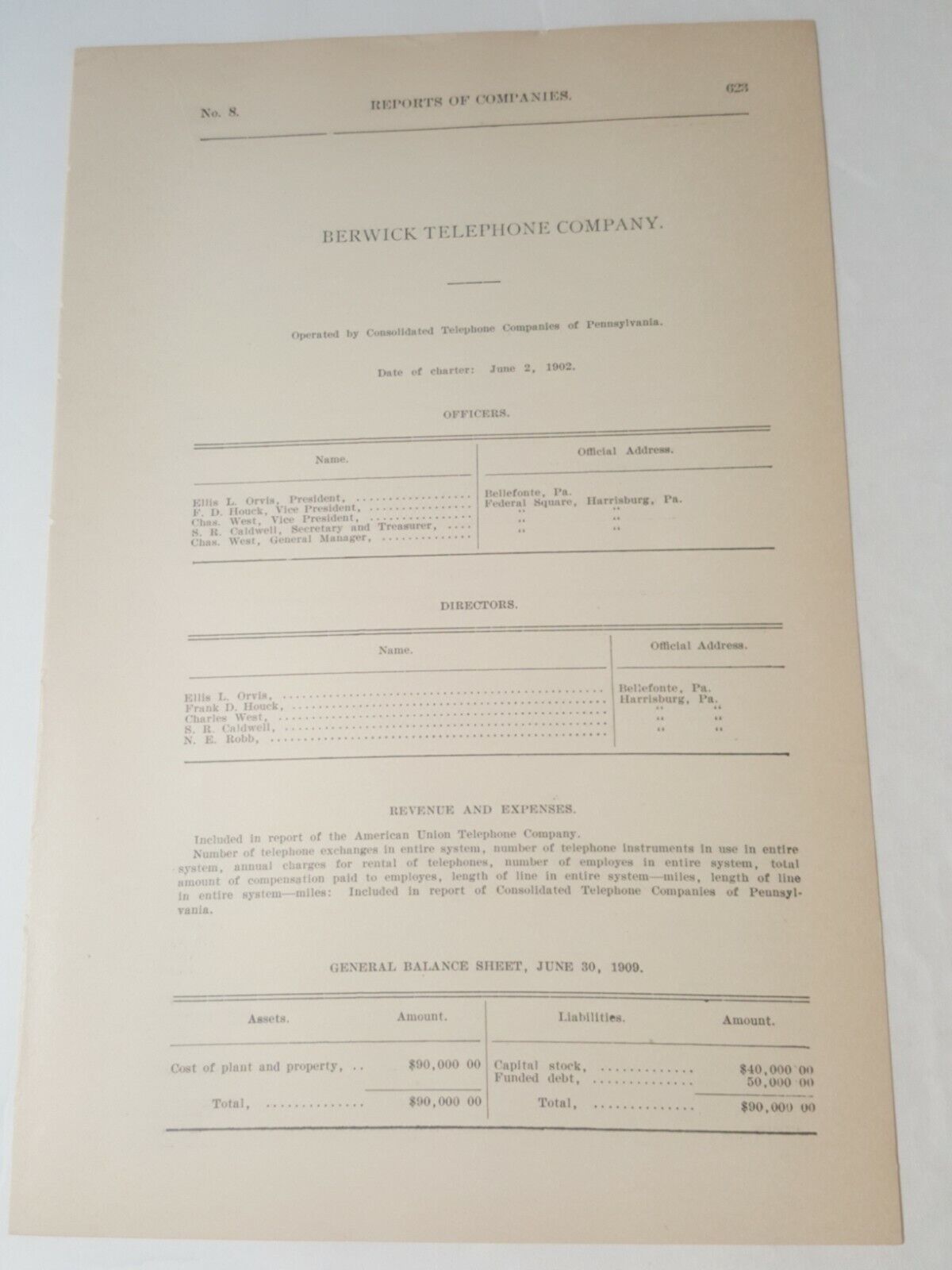 1910 document BERWICK TELEPHONE COMPANY Columbia Co.  ellis orvis Bellefonte PA 