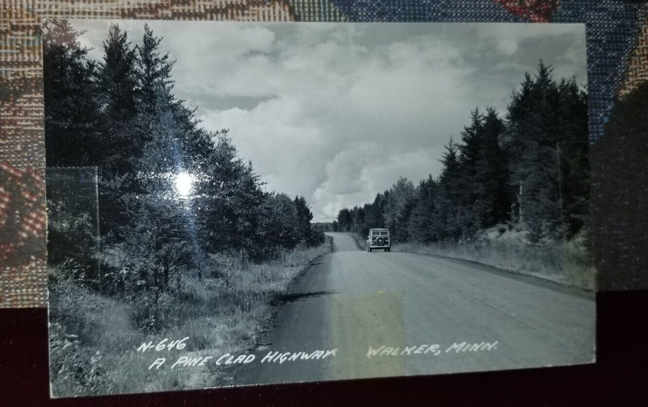 RPPC EKC 1939-1950 A Pine Clad Highway Walker Minnesota unposted Tape On Front