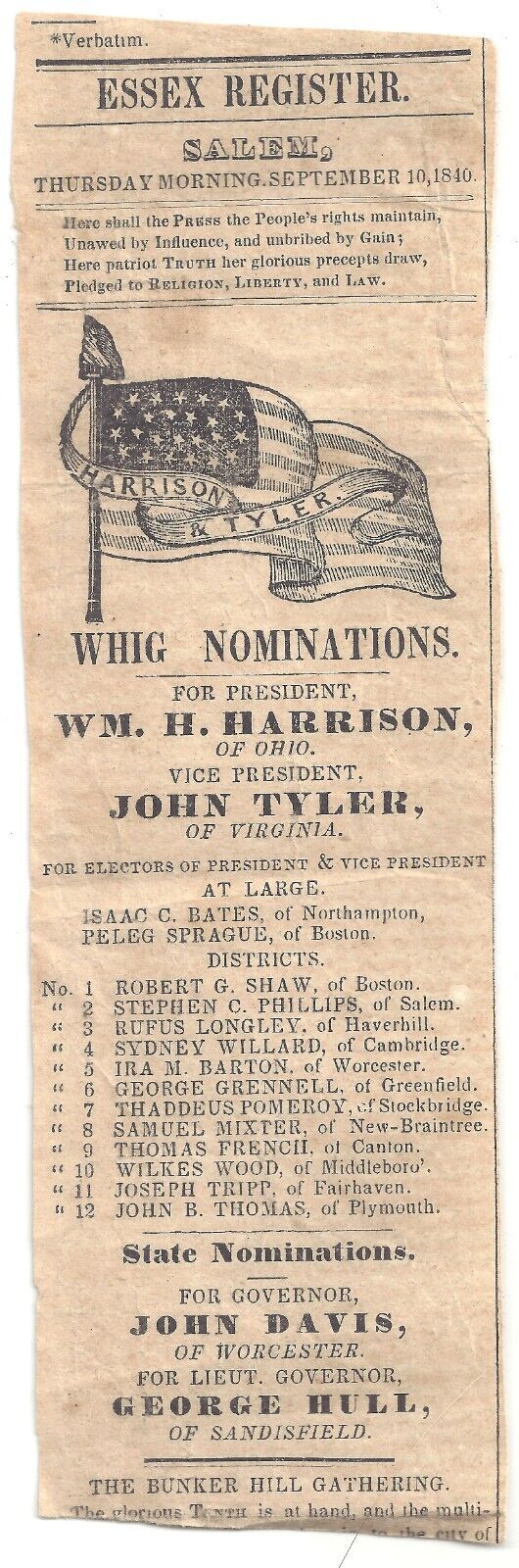 1840 MA WHIG Nominations Wm H. HARRISON & John TYLER Ballot Ticket w/ Flag