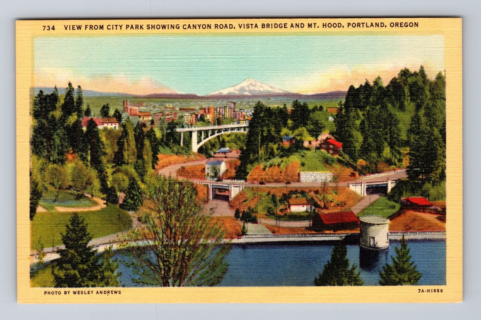 Portland OR-Oregon, City Park, Vista Bridge, Mt Hood, Vintage Postcard