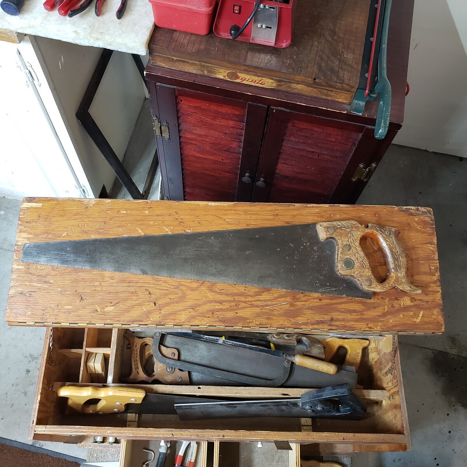 Vintage Simonds Handsaw And Cabinet 