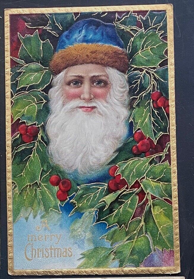 Blue Cap Santa Claus with Holly~Antique Embossed~Christmas Postcard~k258