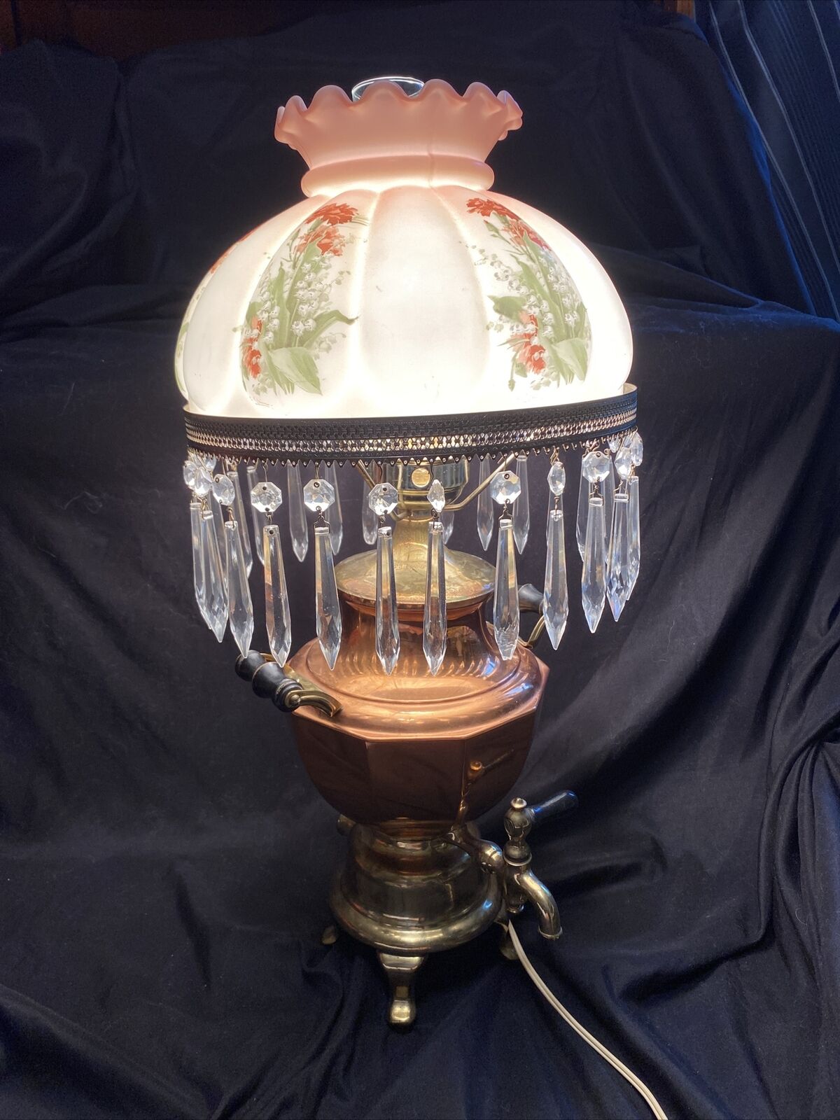 Vintage Hand Painted Flowers Hurricane Parlor Copper Brass Crystal Table Lamp