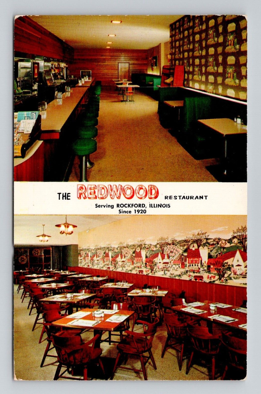 Postcard Redwood Restaurant Rockford Illinois, Vintage Chrome i19
