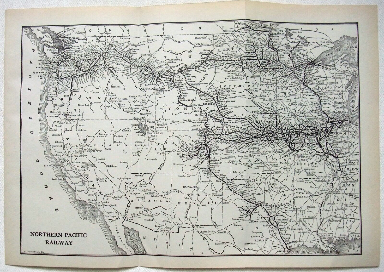 Northern Pacific Railway - Original 1914 System Map. Antique Railroad