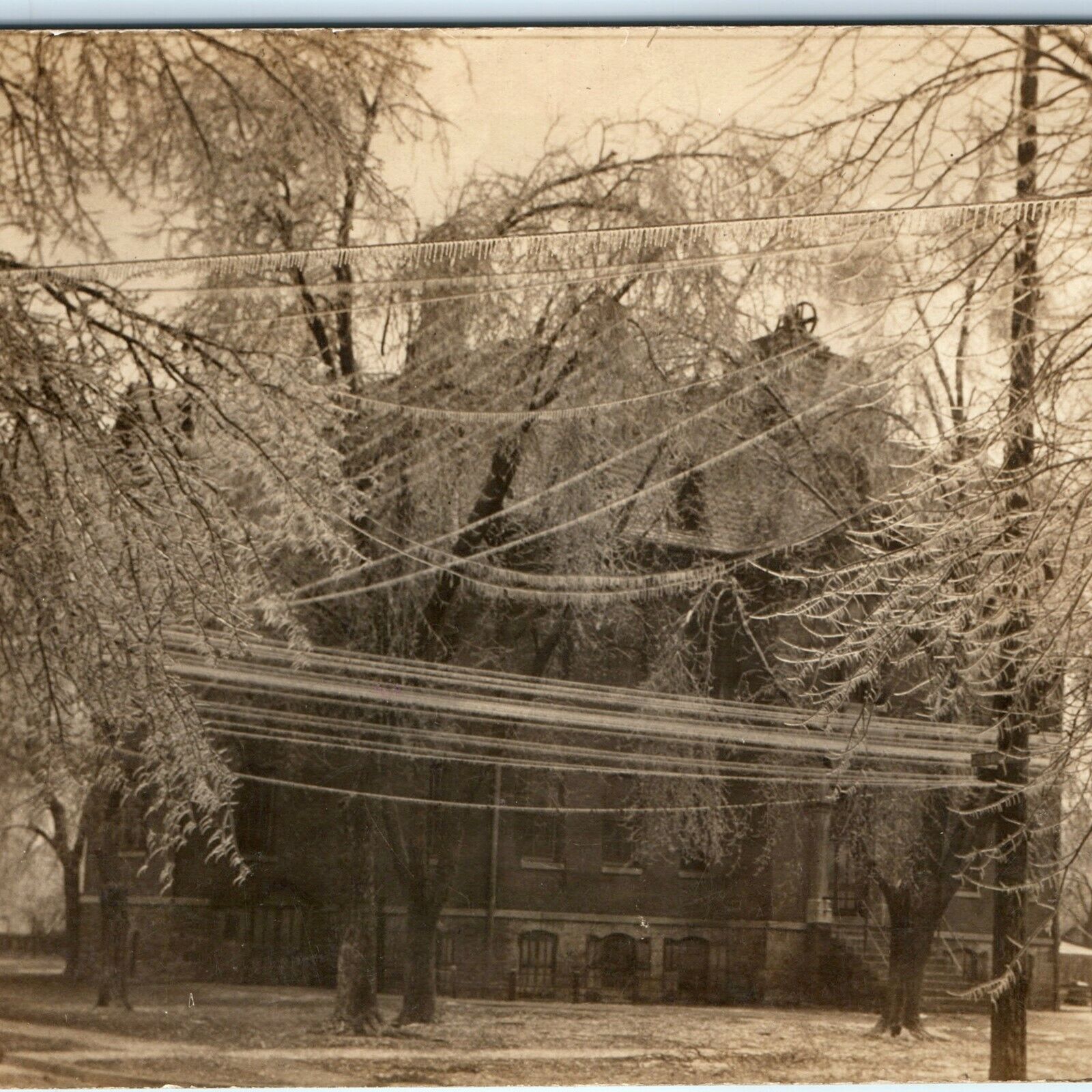 c1910s Building Ice Storm RPPC Photo PC Frozen Telegraph Lines School Winter A44