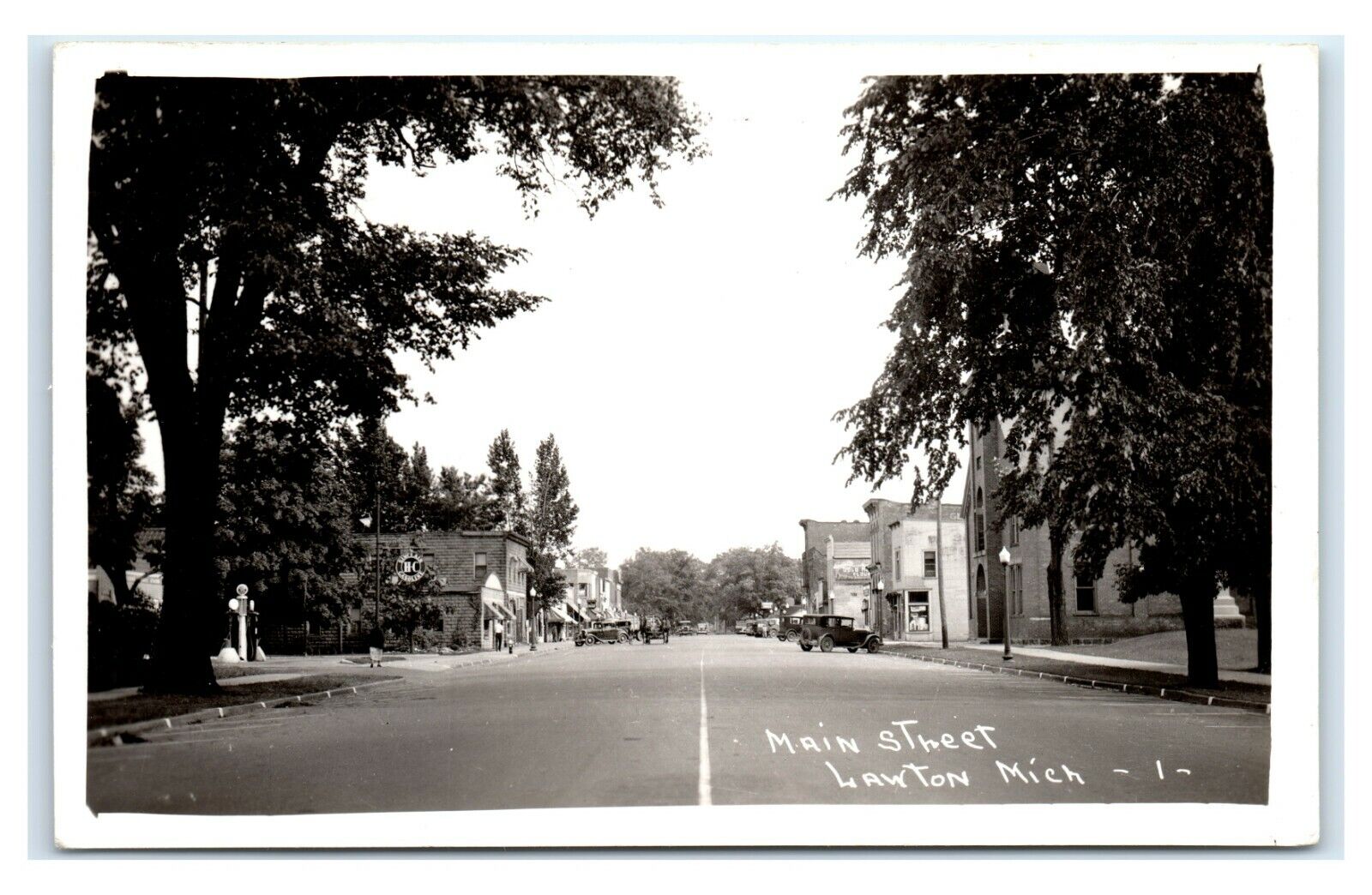 Postcard Main Street, Lawton Michigan MI Sinclair Gasoline RPPC N1