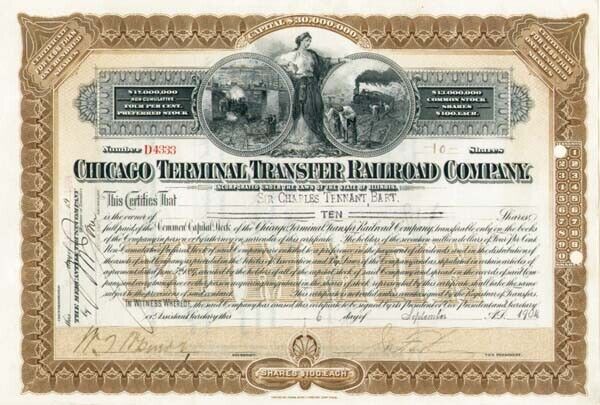 Sir Charles Tennant - Chicago Terminal Transfer Railroad - Stock Certificate - A