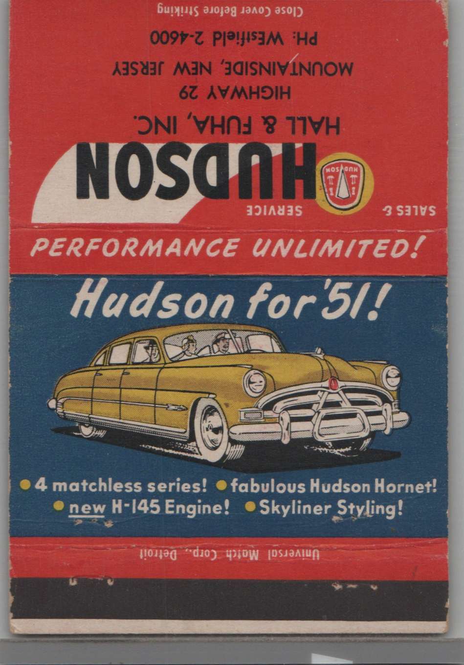 Matchbook Cover - 1951 Hudson Auto Dealer Hall & Fuha Mountainside, NJ