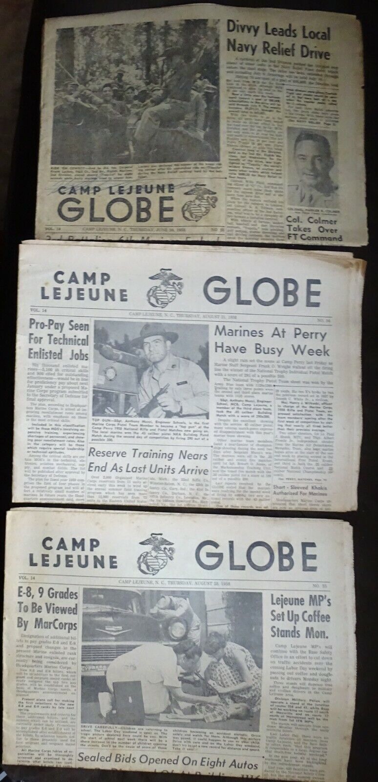 Camp Lejune Globe 1958 - Three Newspapers - North Carolina Marine Corps Base 
