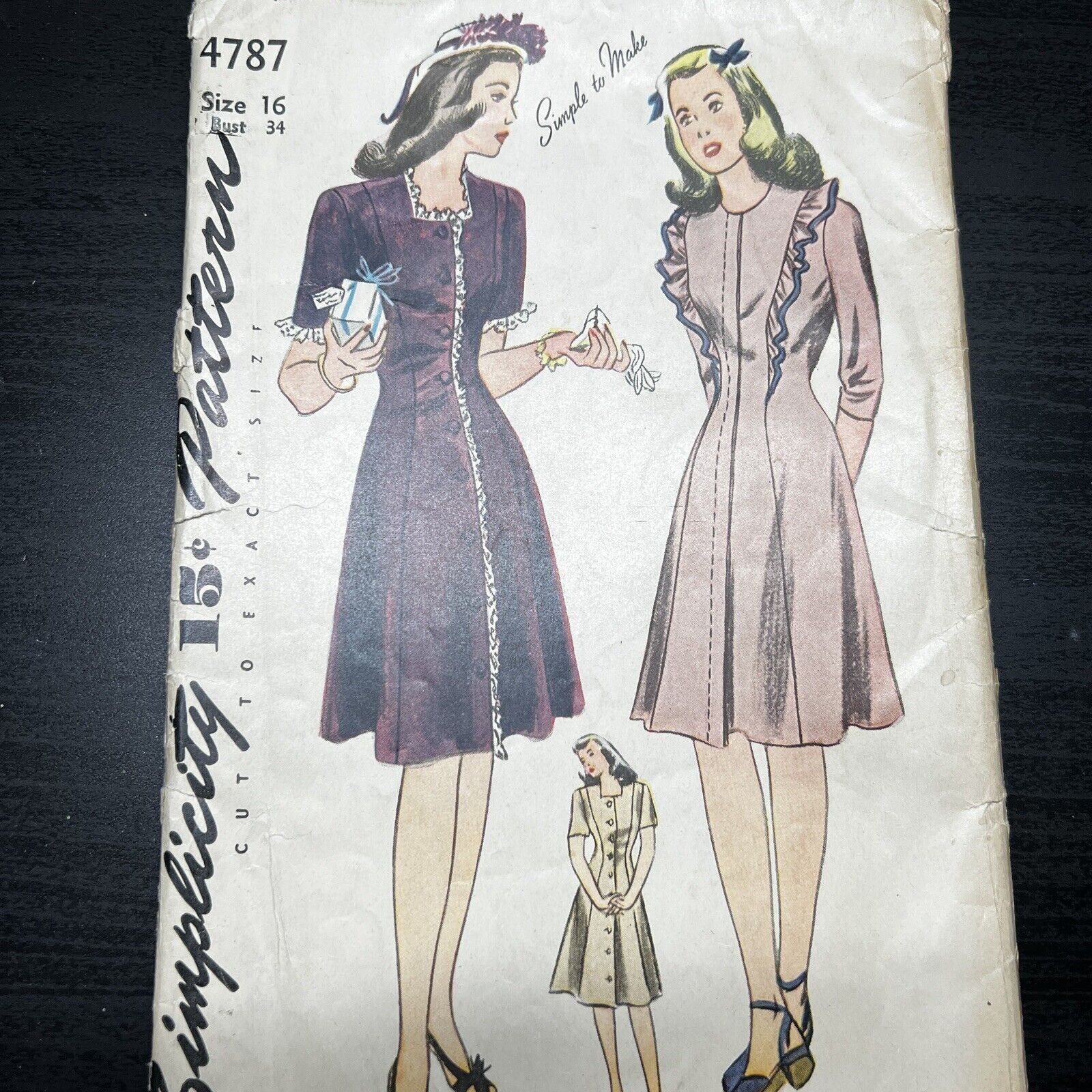 Vintage 1940s Simplicity 4787 Slim Princess Dress Sewing Pattern 16 Small USED