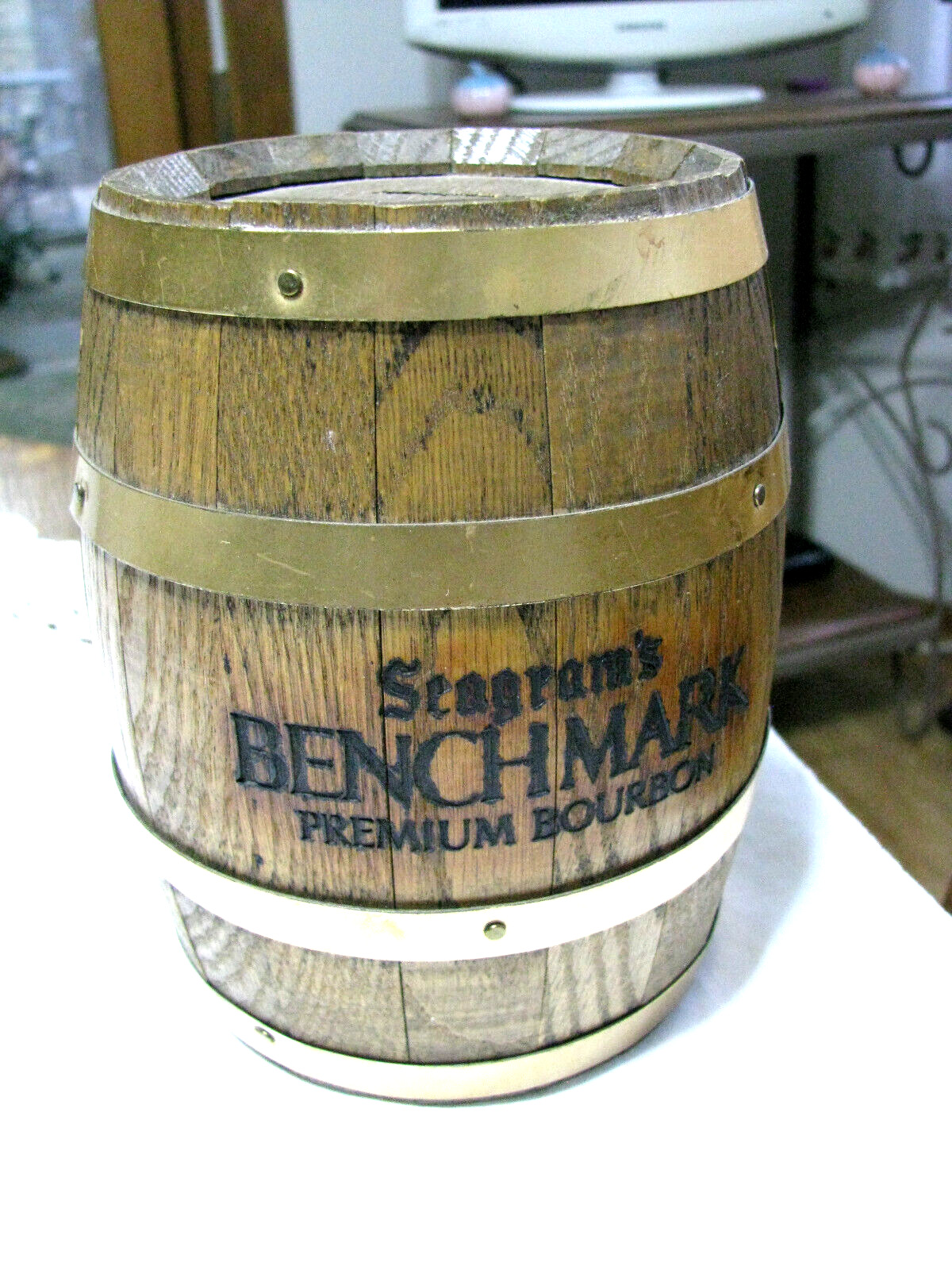 Seagram\'s Benchmark Premium Bourbon Still Bank Wooden Barrel