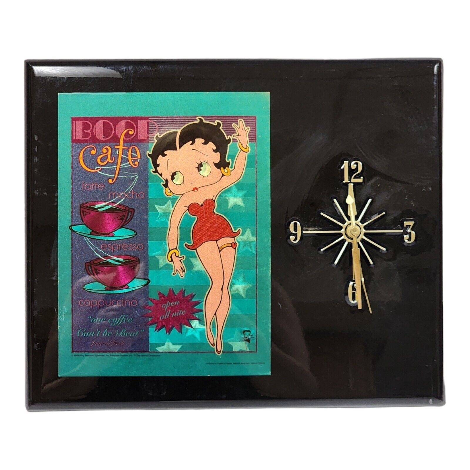 Betty Boop Cafe Wall Clock Black Lacquered Wood Latte Mocha Coffee Theme Vtg