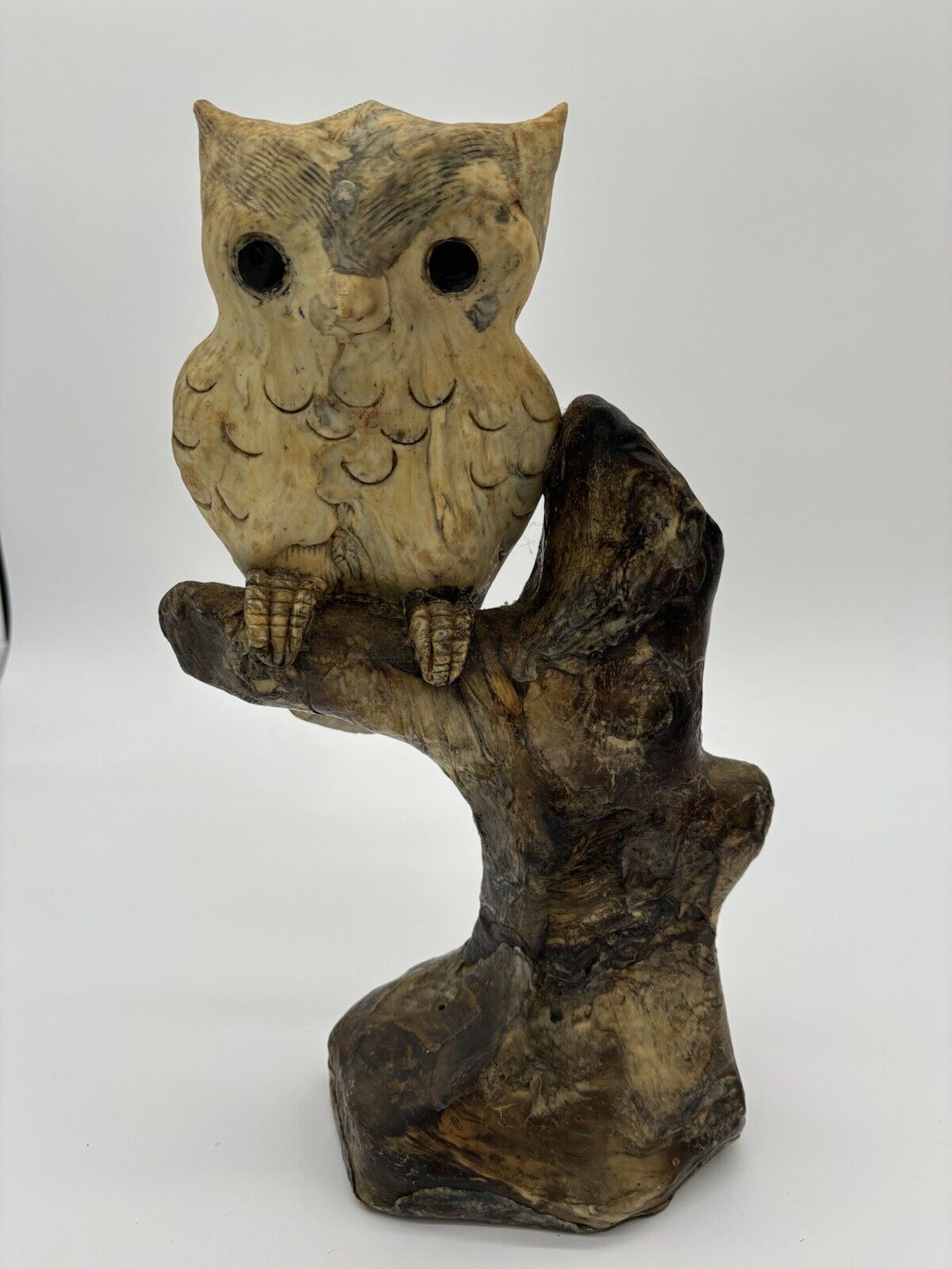 Hand Carved Owl Perched On Tree Limb, Unsigned, Preowned