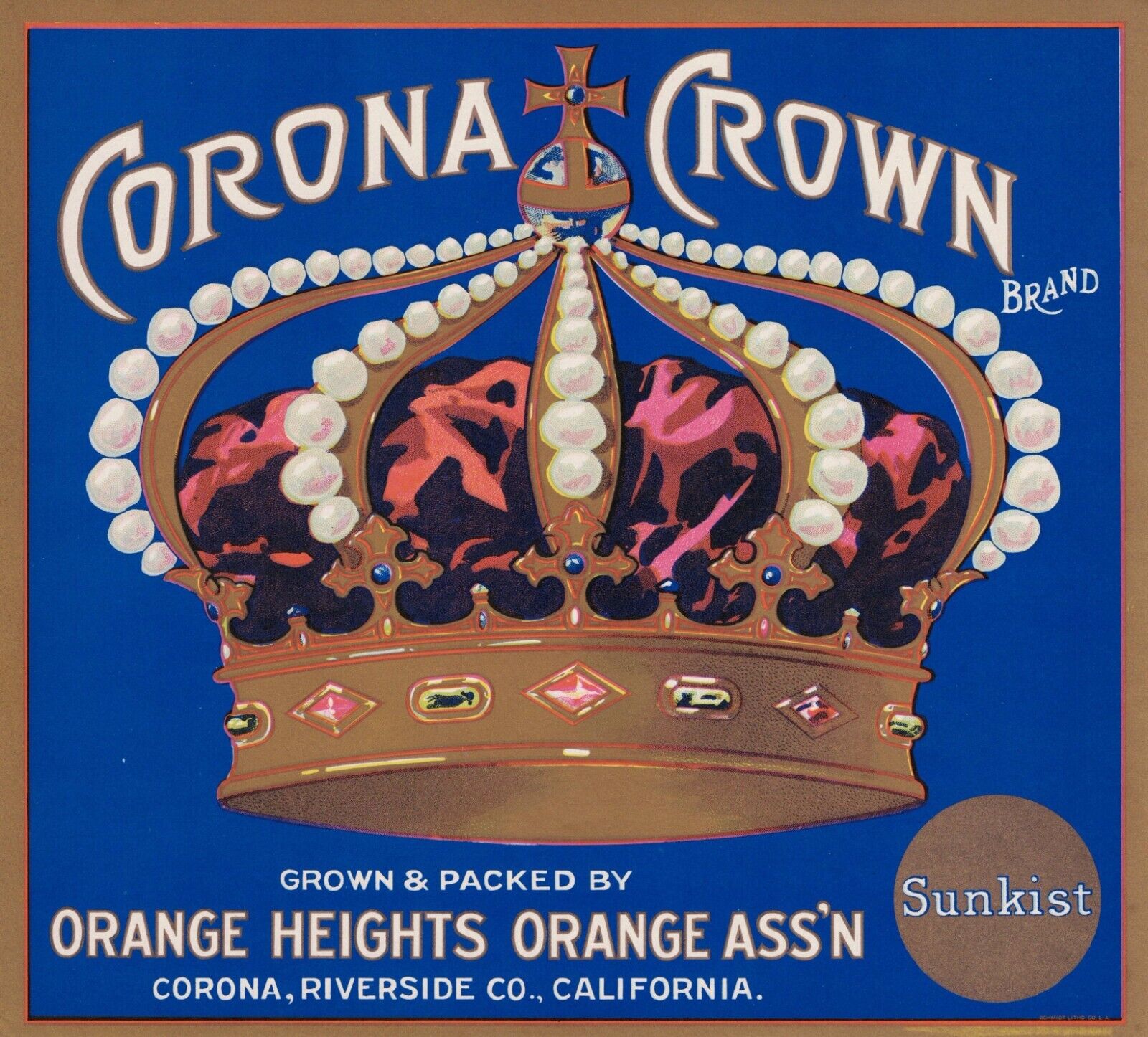 Original Unused CORONA CROWN Orange Crate Label, Riverside, CA