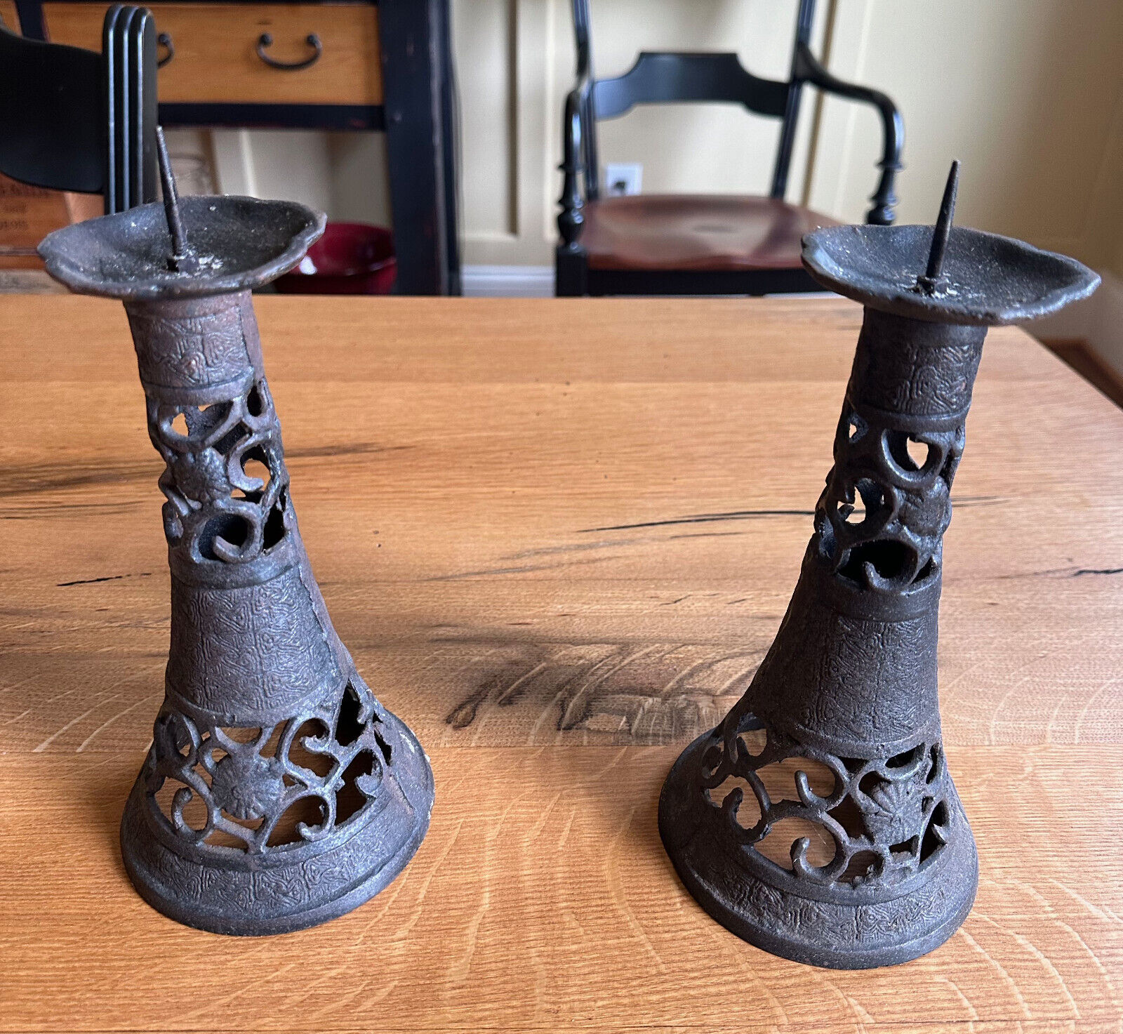 Pair of black cast iron candlestick holders 9 1/8\