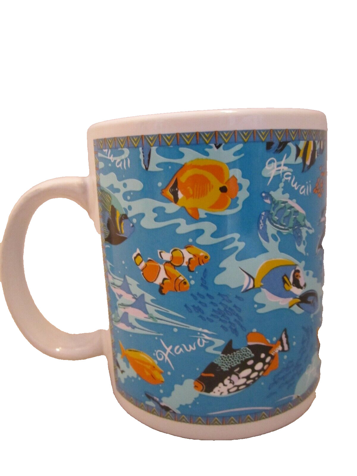 Vintage Hawaii fishes coffee mug cup. Ceramic. 1999. Blue Ocean Sea 