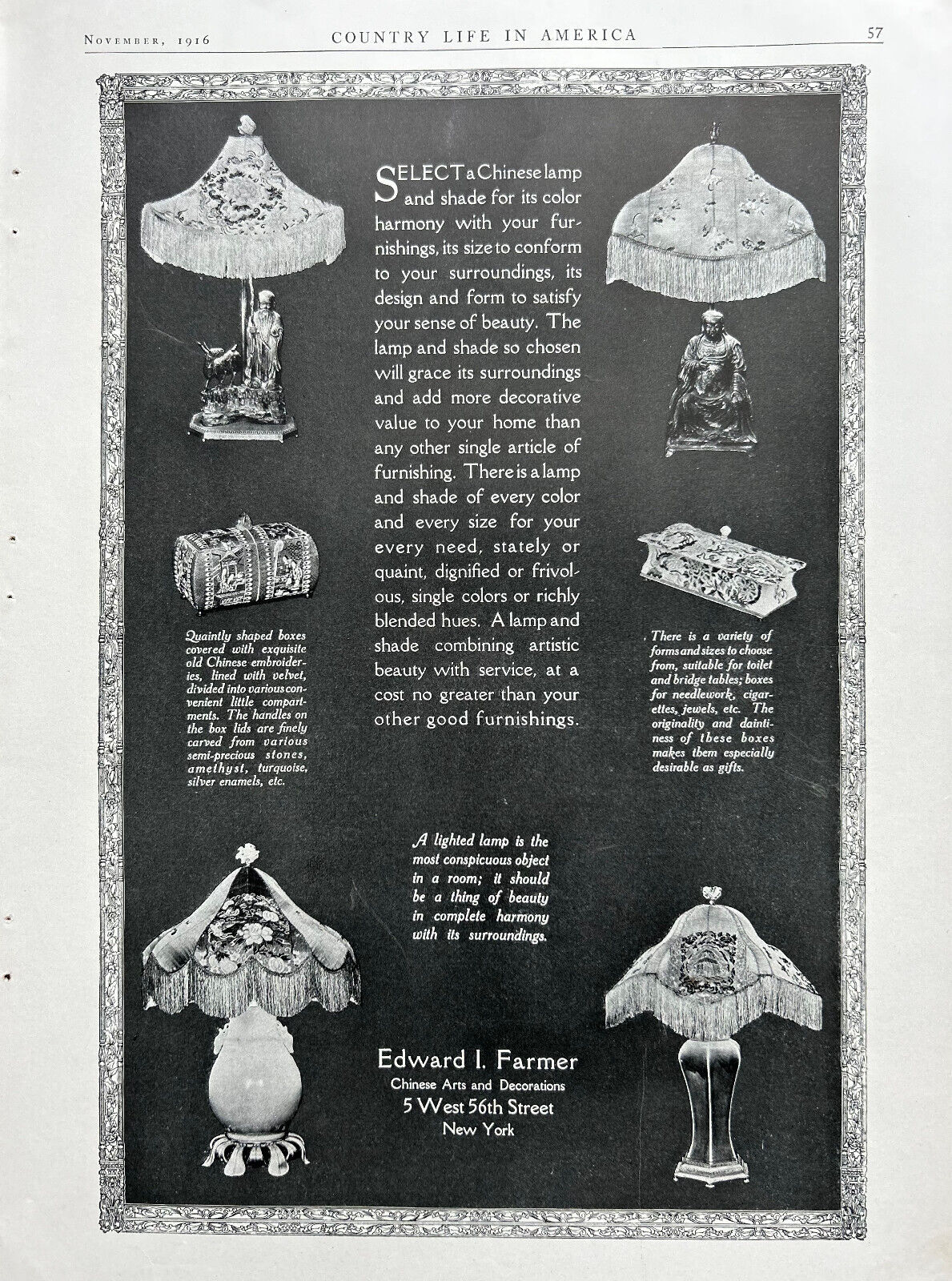 Edward I. Farmer Ad 1916, NY,NY, Chinese Arts, Lamps & Shades