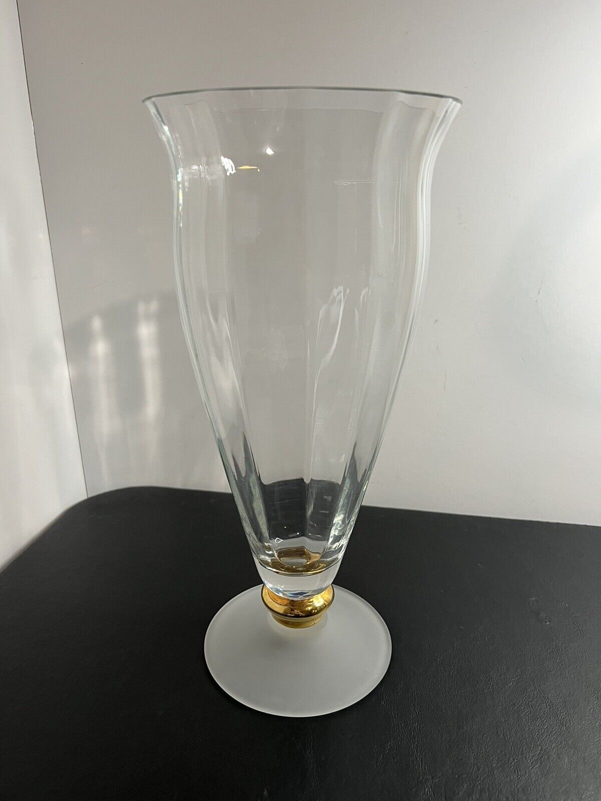 Vintage Handcrafted Crystal 12” Vase Made in Romania Sandblasted Gold Base