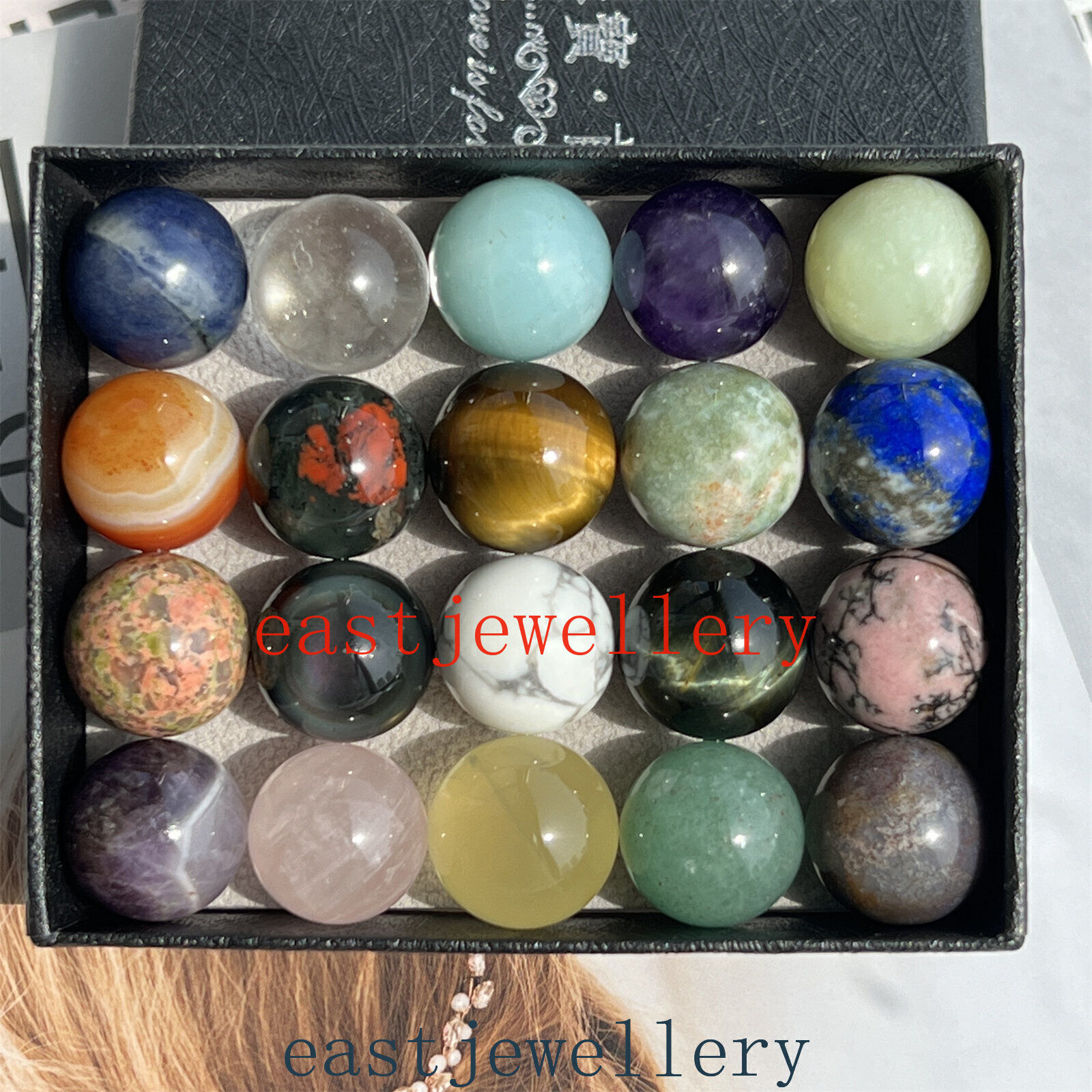 20pcs Natural Mixed carved Sphere quartz crystal ball reiki healing +box 15mm+