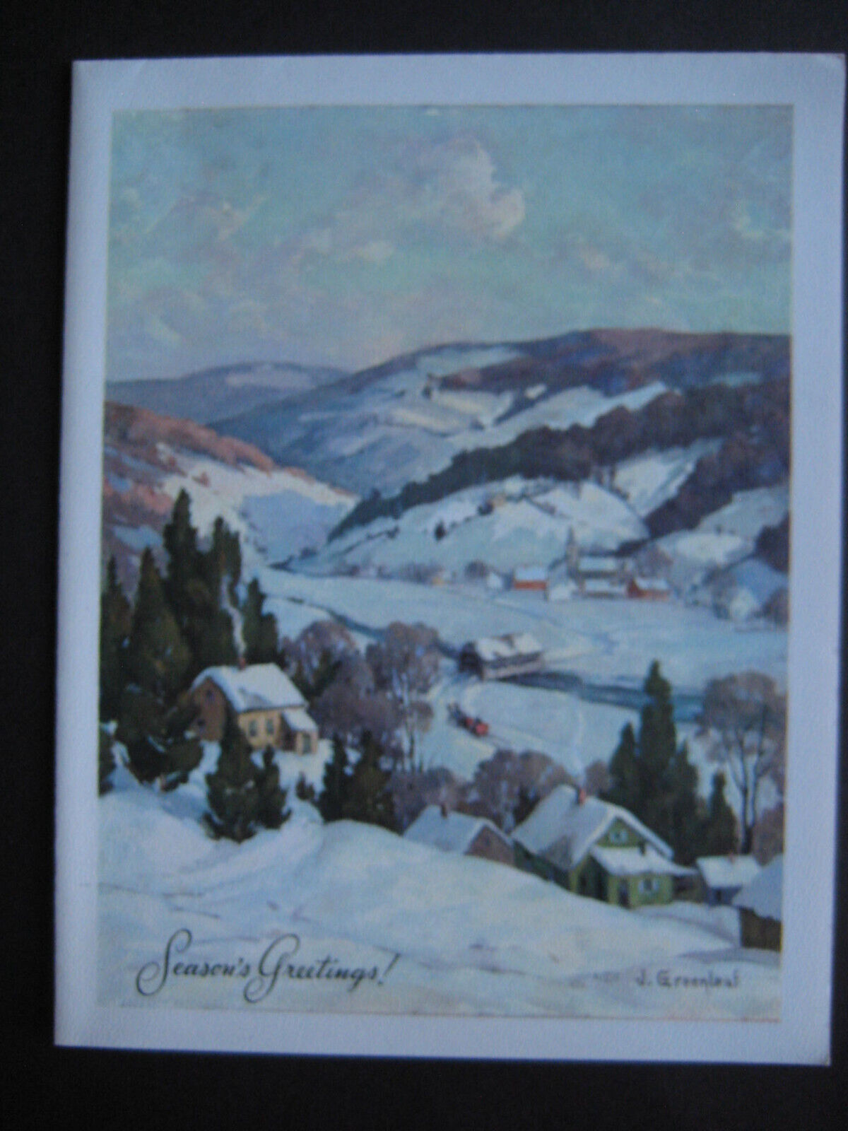 UNUSED 1949 vintage greeting card Artist J. Greenleaf CHRISTMAS Mountain Village