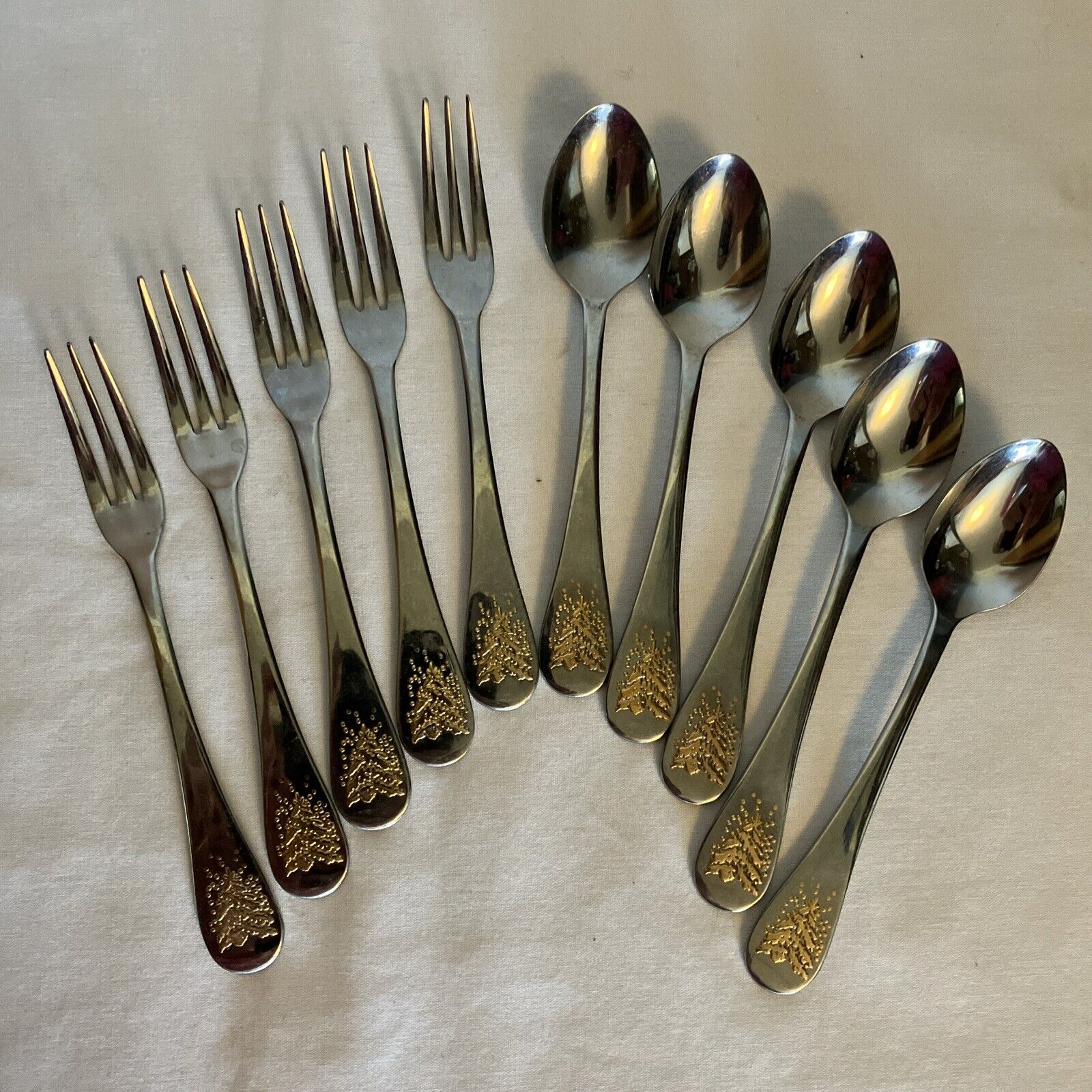 Set 10 Dansk Silhouette Gold Pine Stainless Steel Cocktail Forks Coffee Spoons