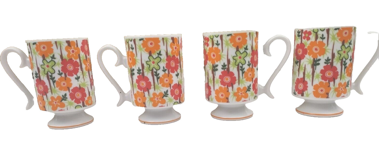 MCM Flower Pedestal Mugs Set Of (4) Cups Coffee Retro Mod 60s 70s Orange Reds