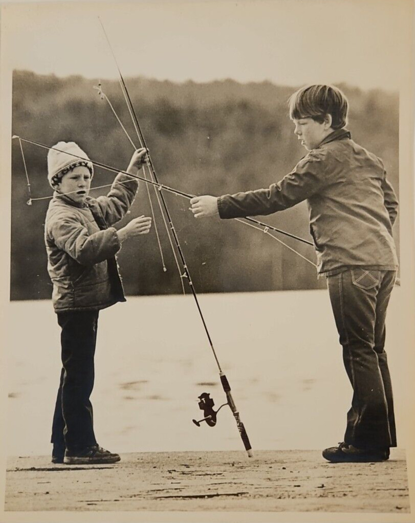 Vintage Young Boys Fishing By Lake Baiting Hooks c. 1960s Original Photo