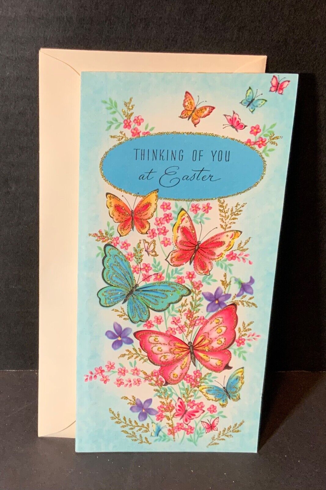 VTG Easter Card UNUSED Gorgeous Glittery Butterflies & Flowers Thinking of You