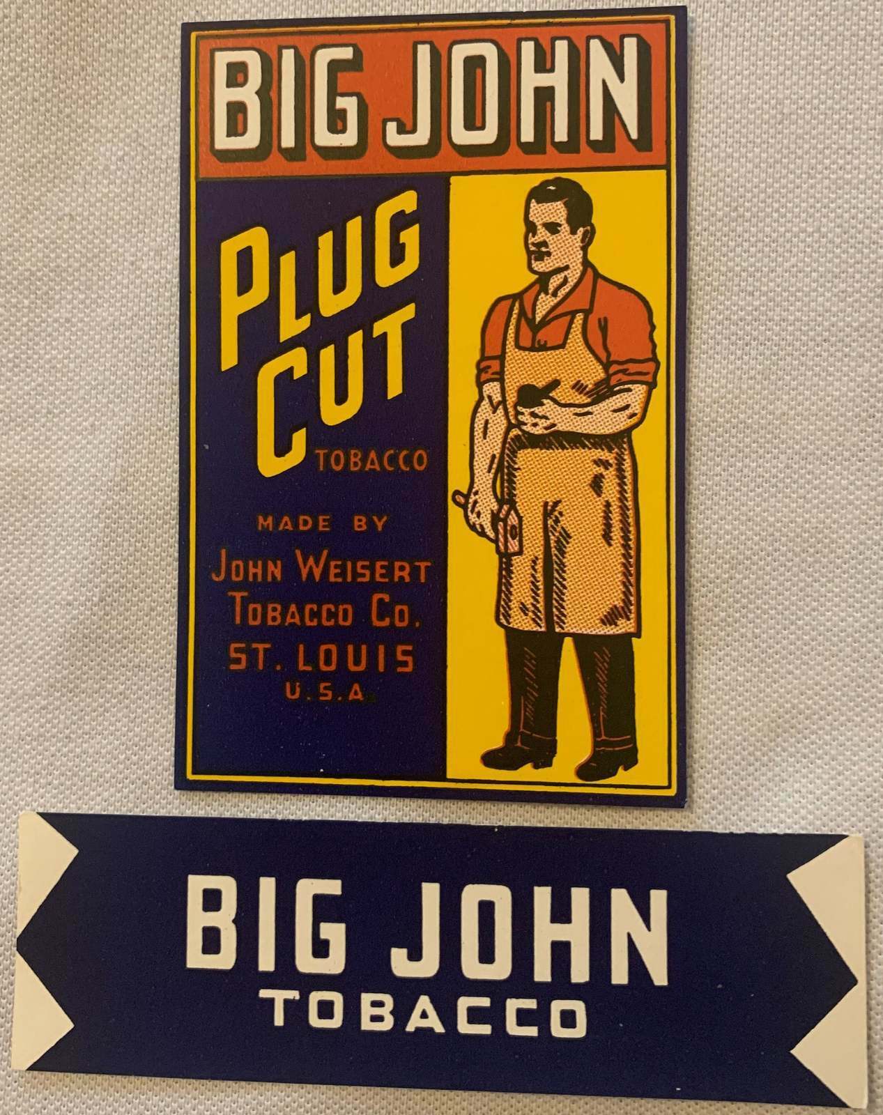 Rare Combo Antique Vintage 1900s - 1920s Big John Plug Cut Tobacco Label + Tag