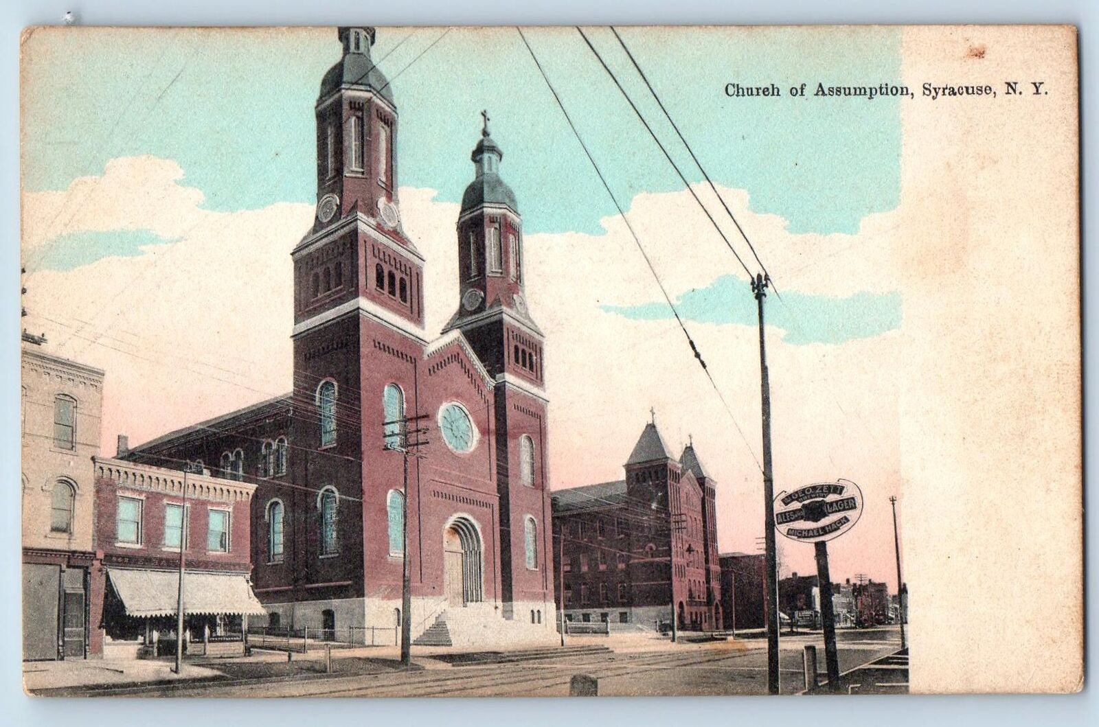 Syracuse New York NY Postcard Church Of Assumption Exterior Roadside Scene c1910