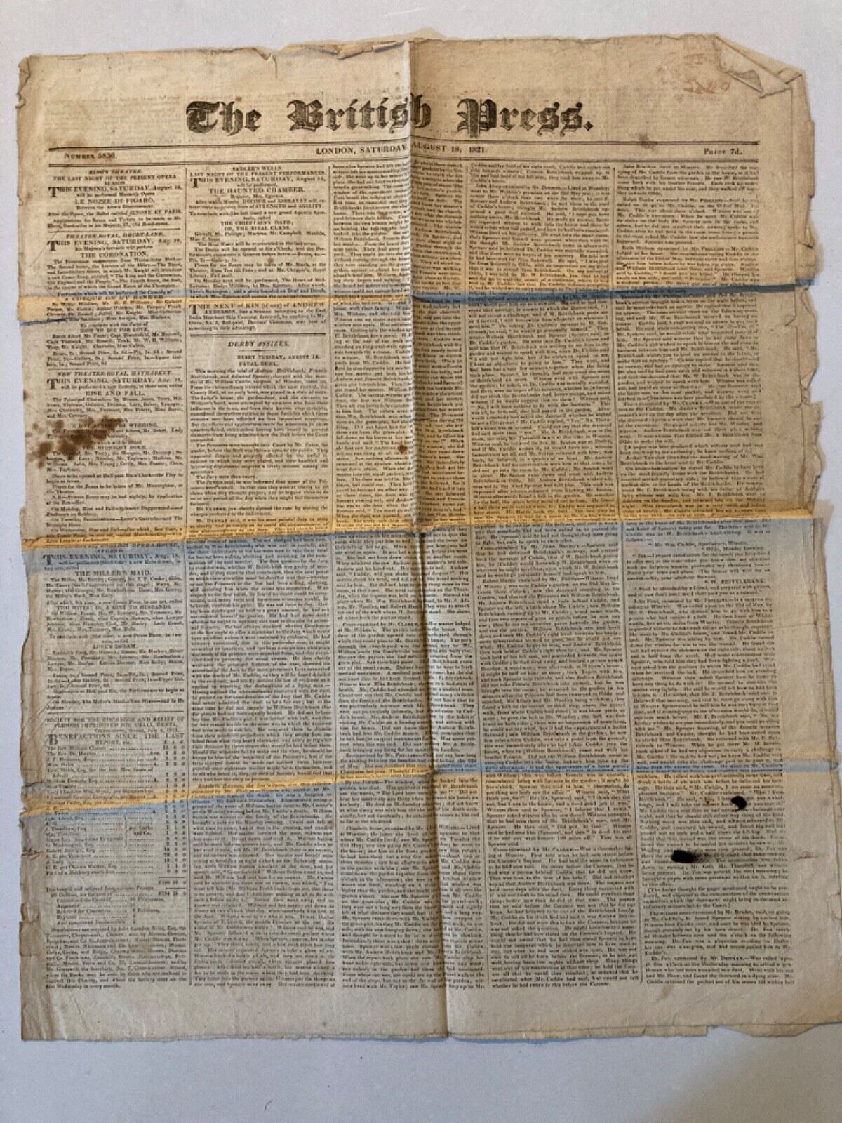 The British Press London August 18, 1821 Newspaper