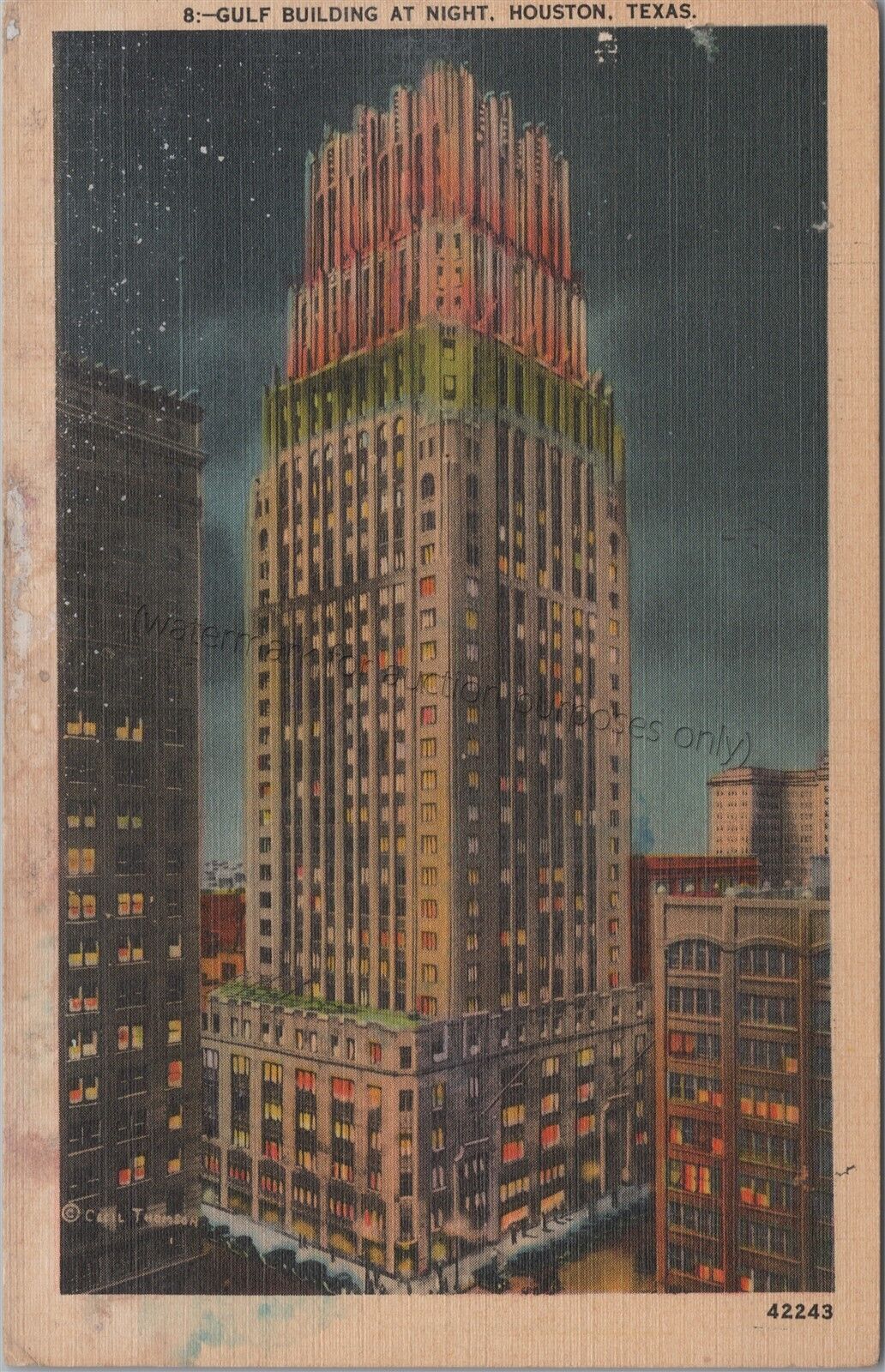Houston, TX: 1939, Gulf Building at Night - Vintage Texas Postcard