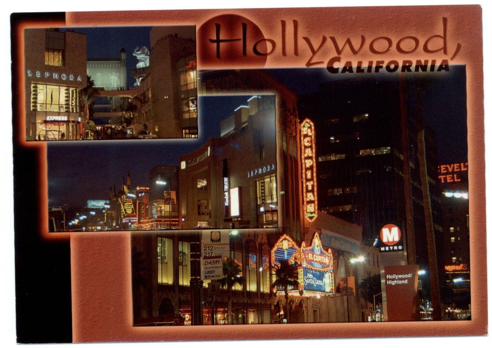 California Hollywood El Capitan theater sign night multiview ~ postcard sku927